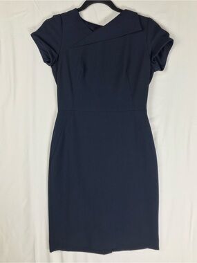 Tahari Navy Asymmetrical Neck Short-Sleeve Midi Dress